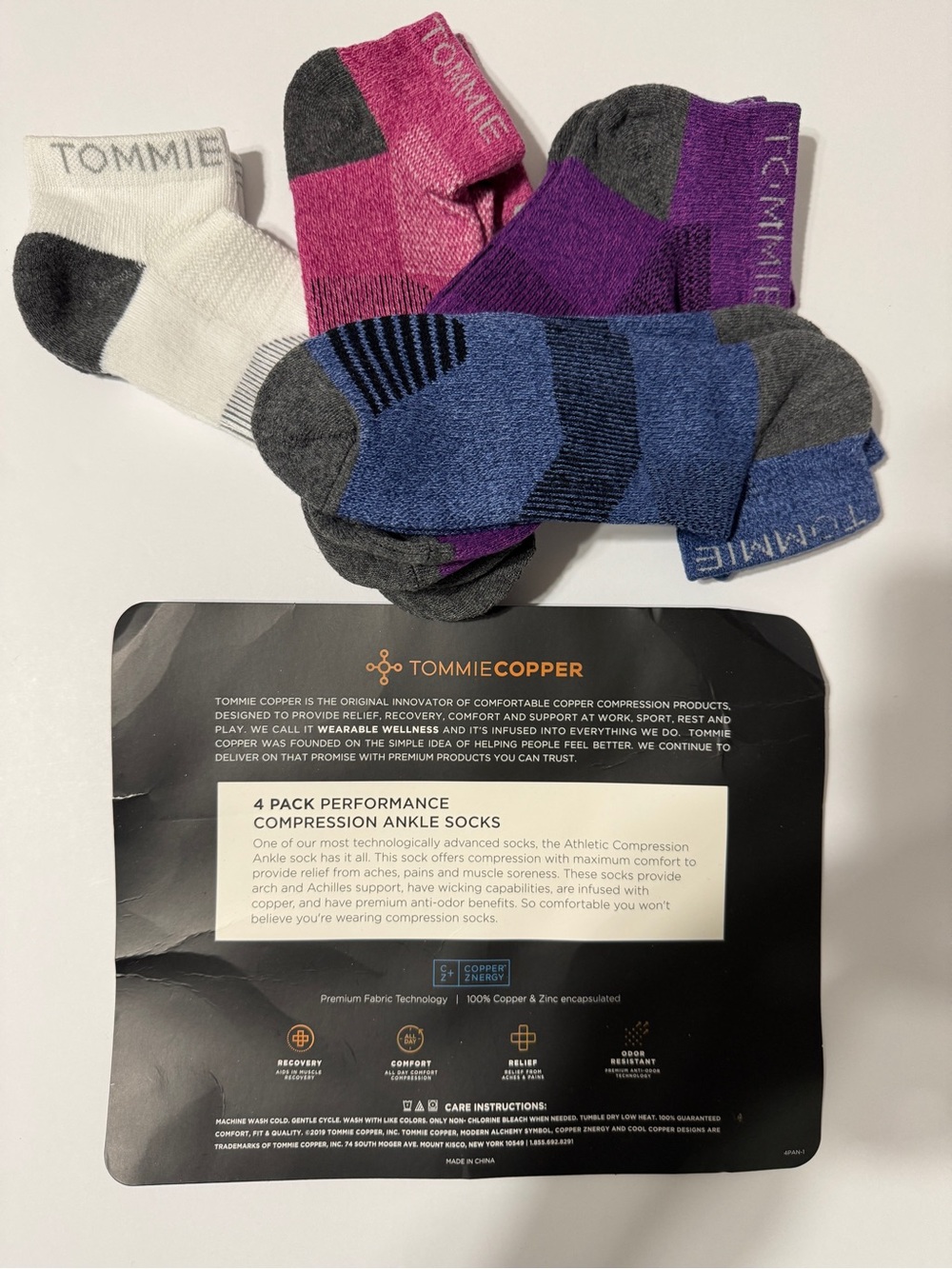4-Pack Performance Compression Ankle Socks - White, Pink, Purple, Blue